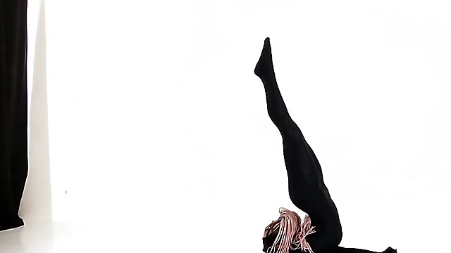 Fit gymnast, free latex mini dress, ballet dress, blonde in black latex, ballerinas blacked